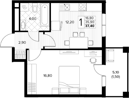 Продается 1-комн. квартира, 35.9 м²