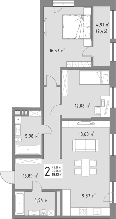 Продается 2-комн. квартира, 76.76 м²
