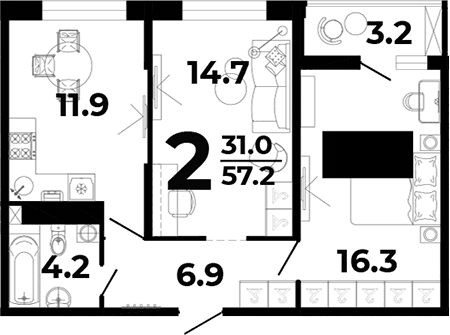 Продается 2-комн. квартира, 51.4 м²