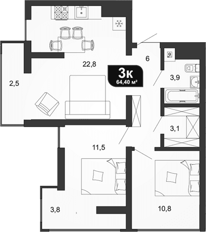Продается 2-комн. квартира, 58.1 м²