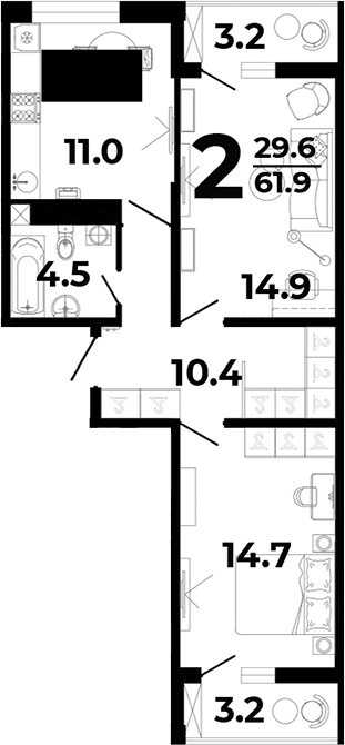 Продается 2-комн. квартира, 49.6 м²