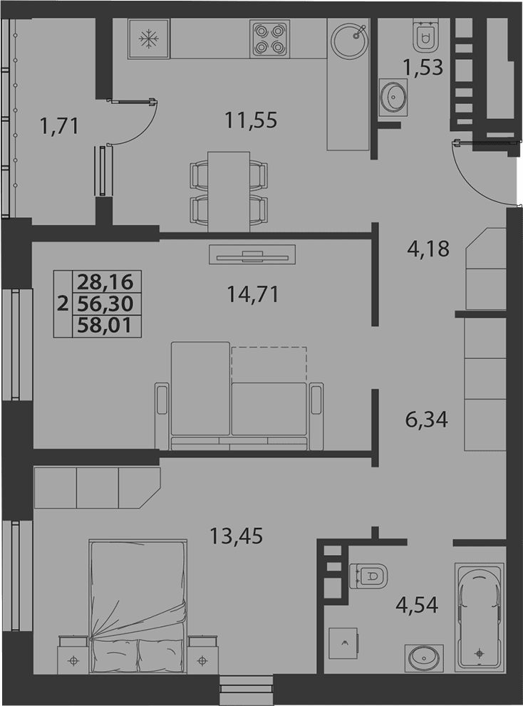 Продается 2-комн. квартира, 56.3 м²