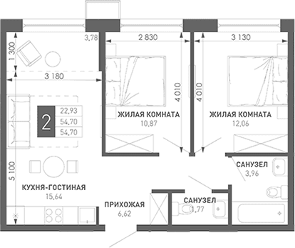 Продается 2-комн. квартира, 57.54 м²