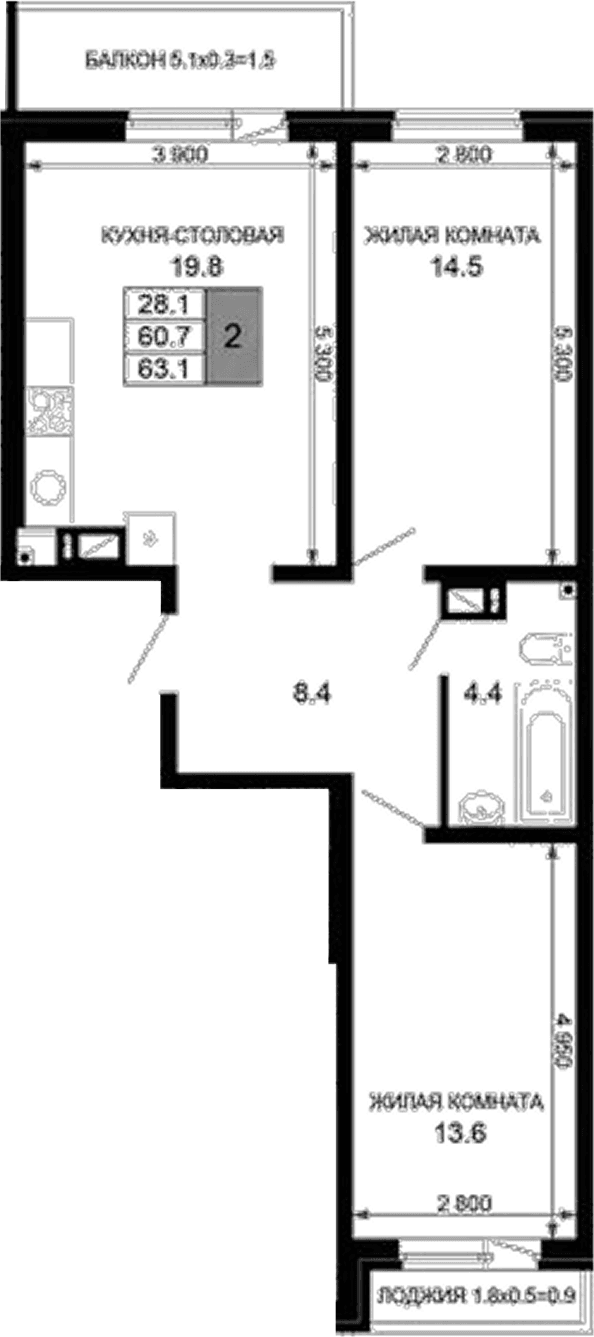 Продается 2-комн. квартира, 61.48 м²