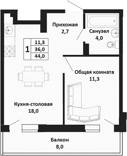 Продается 2-комн. квартира, 36 м²