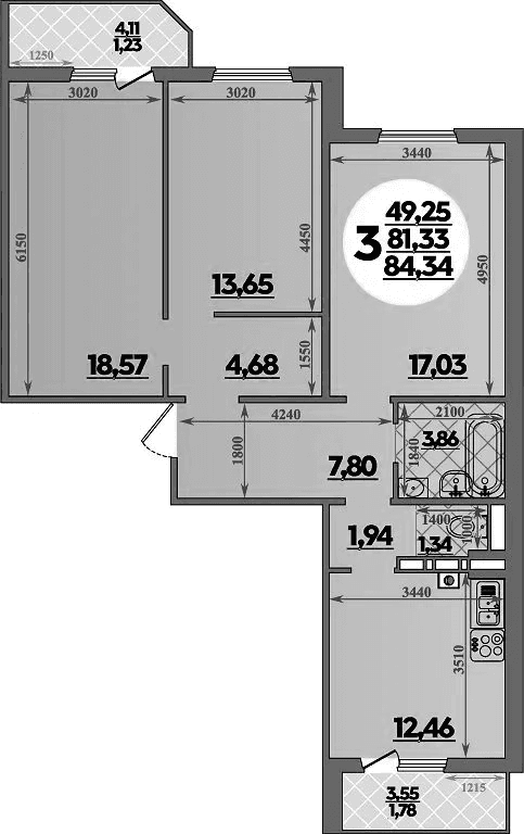 Продается 3-комн. квартира, 81.33 м²