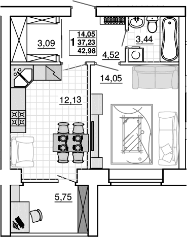 Продается 1-комн. квартира, 37.23 м²