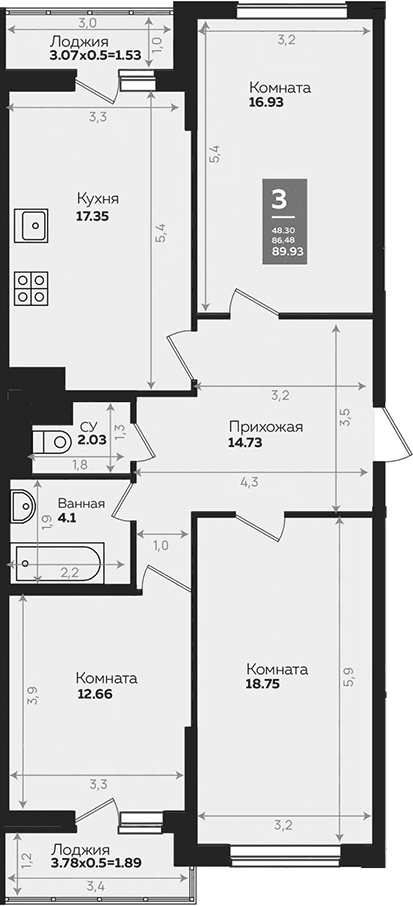 Продается 3-комн. квартира, 86.51 м²