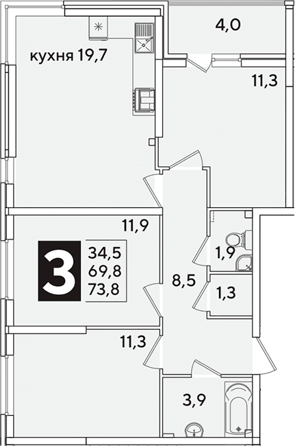 Продается 4-комн. квартира, 69.8 м²