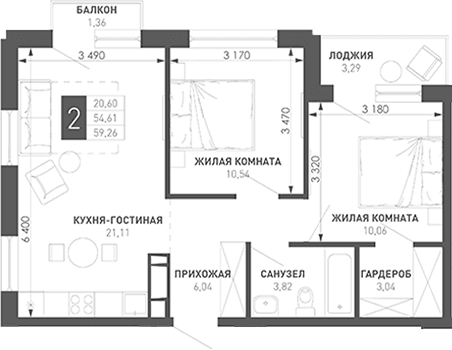 Продается 2-комн. квартира, 54.5 м²