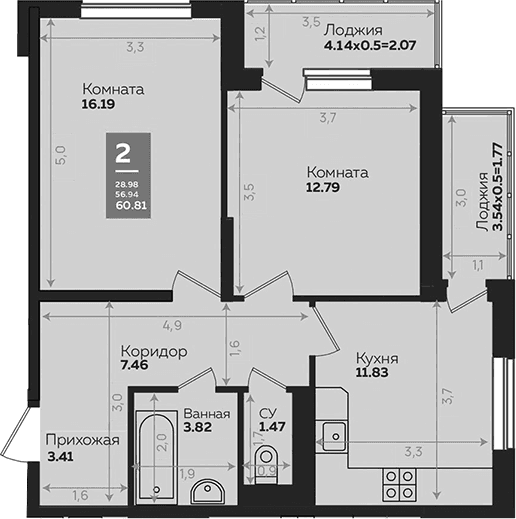 Продается 2-комн. квартира, 56.93 м²
