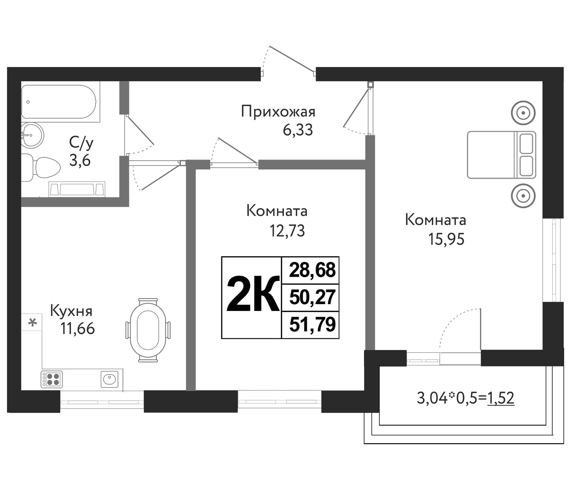 Продается 2-комн. квартира, 50.27 м²