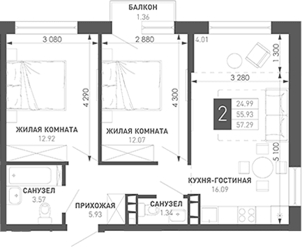 Продается 2-комн. квартира, 57.79 м²