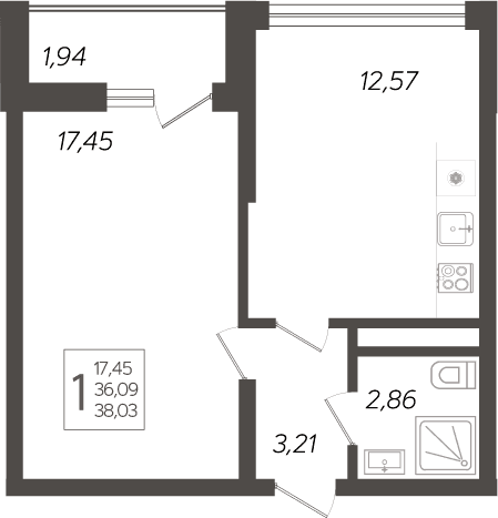 Продается 1-комн. квартира, 36.09 м²