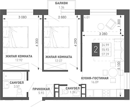Продается 2-комн. квартира, 57.79 м²