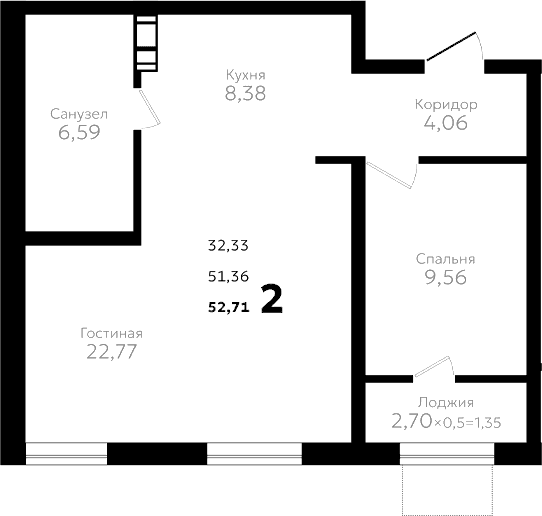 Продается 2-комн. квартира, 51.36 м²