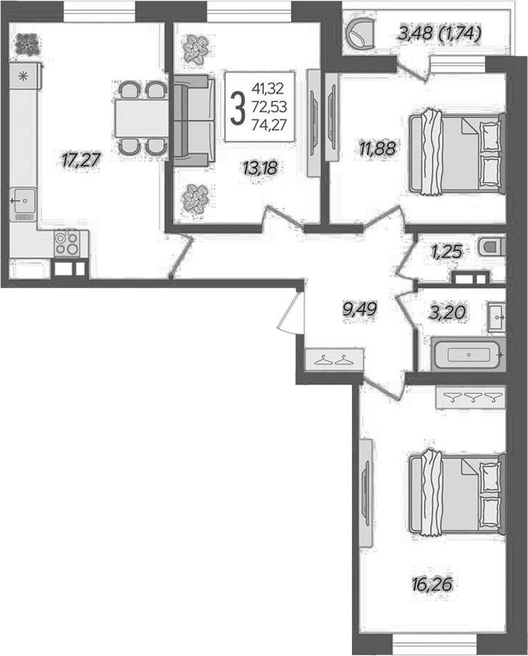 Продается 3-комн. квартира, 72.53 м²