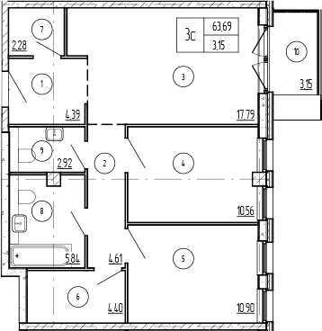 Продается 2-комн. квартира, 63.69 м²