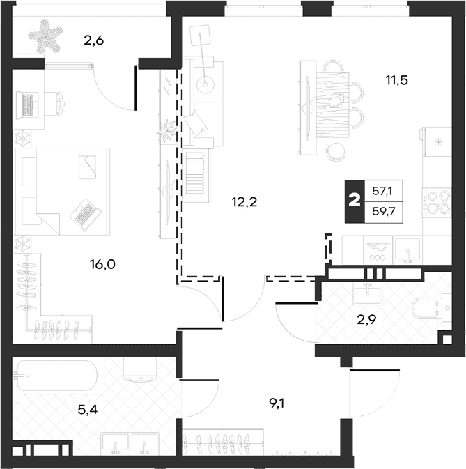 Продается 2-комн. квартира, 57.08 м²