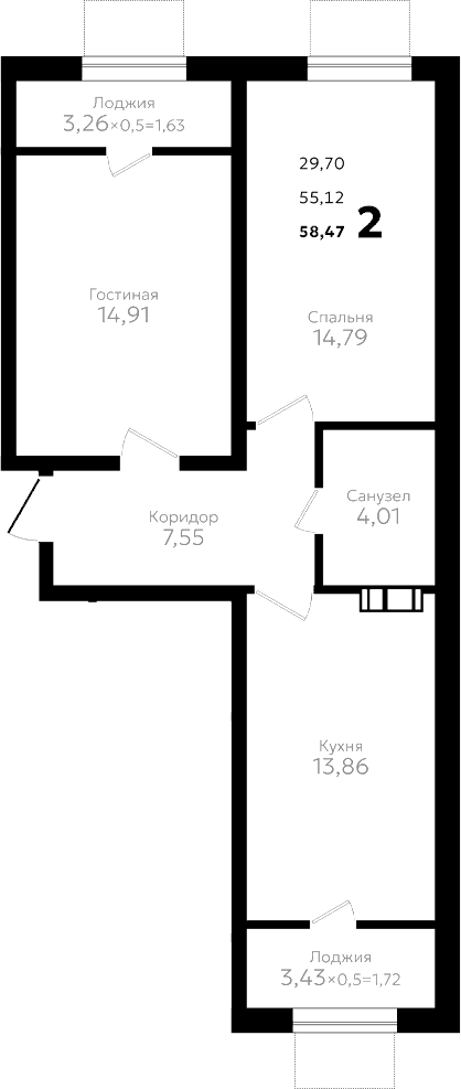 Продается 2-комн. квартира, 55.12 м²