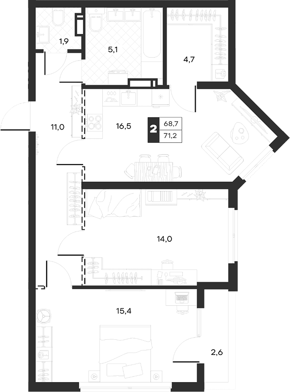 Продается 2-комн. квартира, 68.74 м²