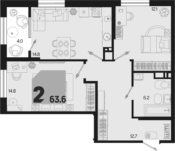 Продается 2-комн. квартира, 59.6 м²
