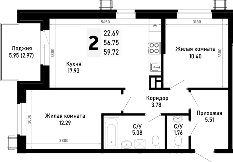 Продается 2-комн. квартира, 56.75 м²