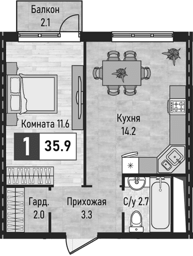 Продается 1-комн. квартира, 33.8 м²