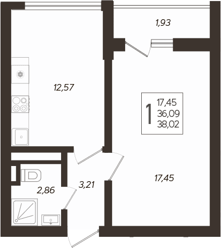 Продается 1-комн. квартира, 36.09 м²