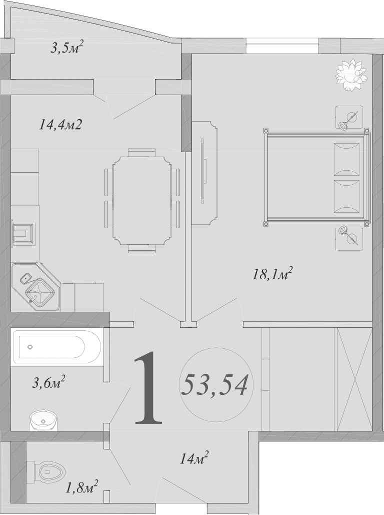 Продается 1-комн. квартира, 51.9 м² — фото 2