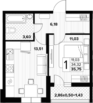 Продается 1-комн. квартира, 34.32 м²