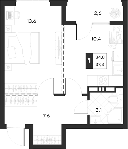 Продается 1-комн. квартира, 34.72 м²