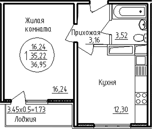 Продается 1-комн. квартира, 35.22 м²