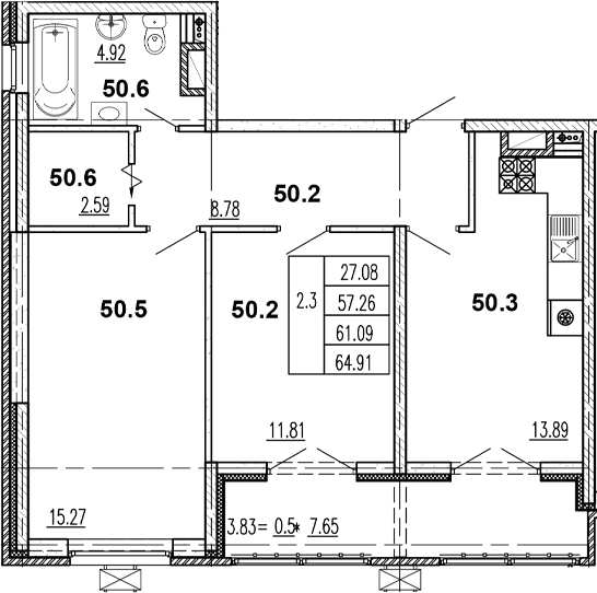 Продается 2-комн. квартира, 57.64 м²
