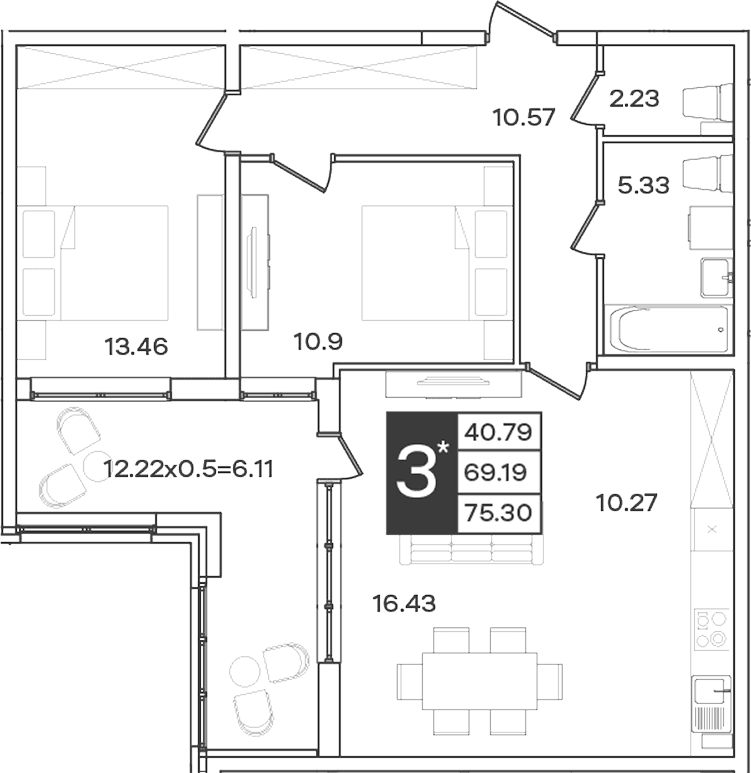 Продается 3-комн. квартира, 69.19 м²