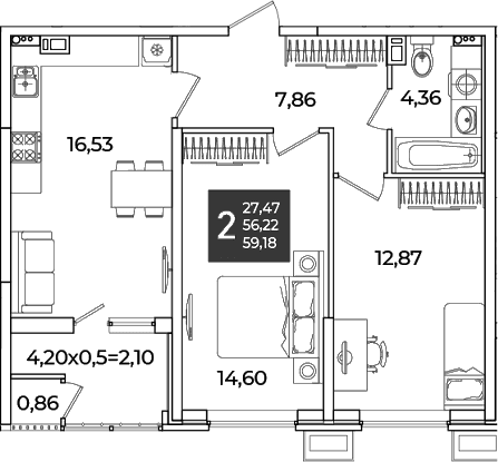 Продается 2-комн. квартира, 56.22 м²