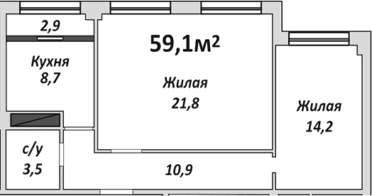 Продается 2-комн. квартира, 59.1 м²