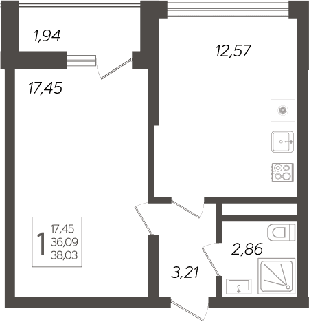 Продается 1-комн. квартира, 36.09 м²