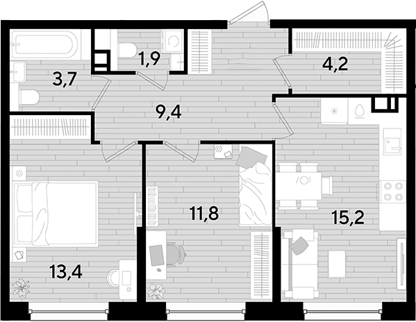 Продается 2-комн. квартира, 59.6 м²