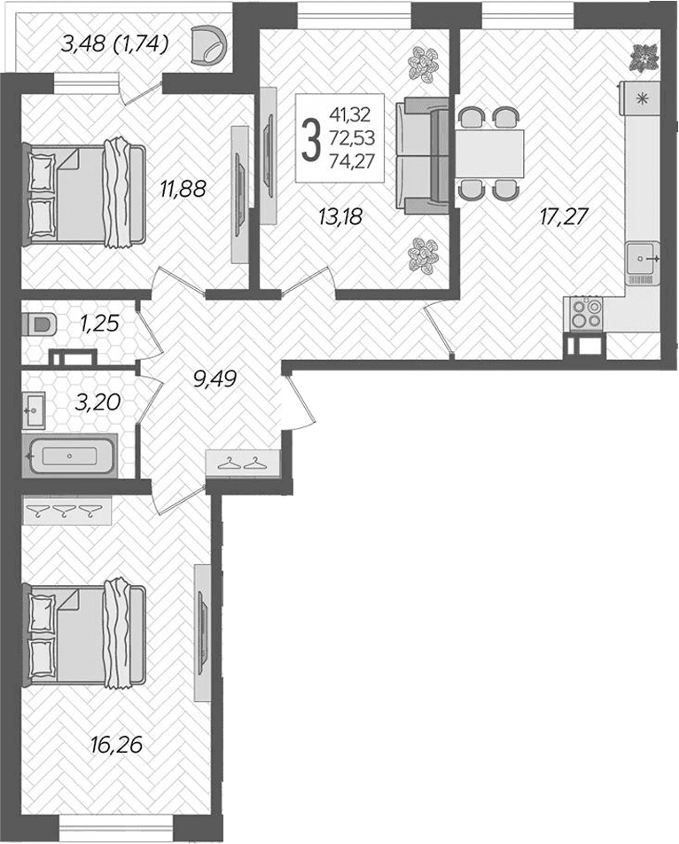 Продается 3-комн. квартира, 72.53 м²