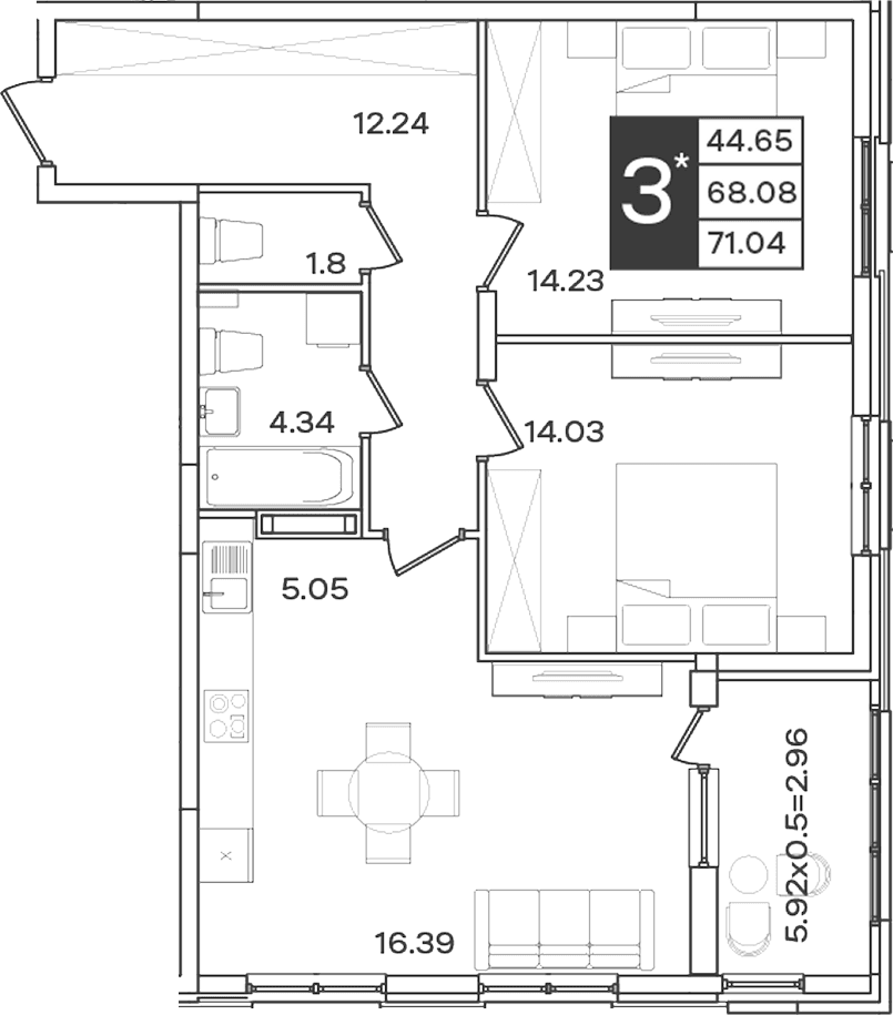 Продается 3-комн. квартира, 68.08 м²