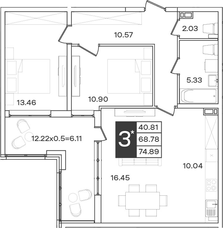 Продается 3-комн. квартира, 68.78 м²