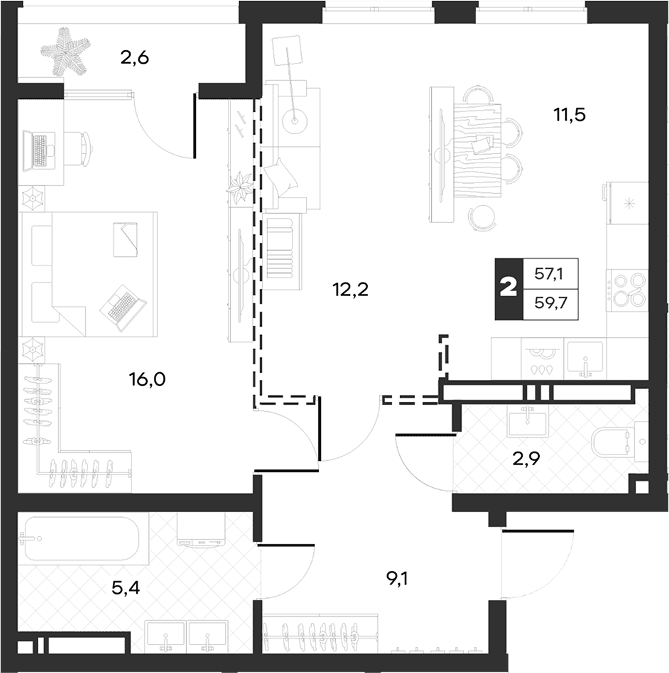 Продается 2-комн. квартира, 57.08 м²