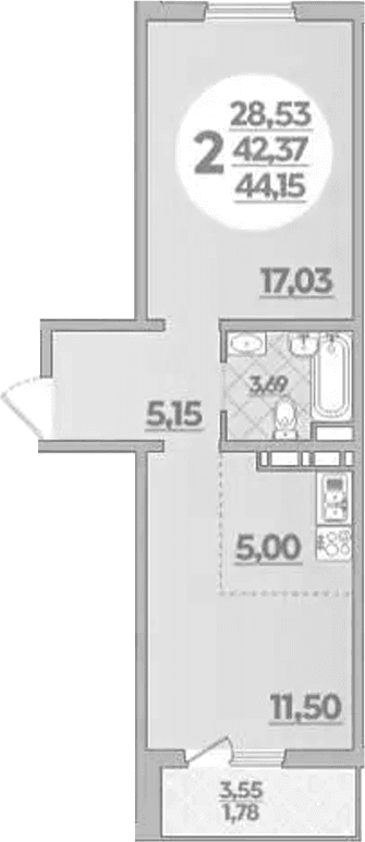 Продается 1-комн. квартира, 42.37 м²
