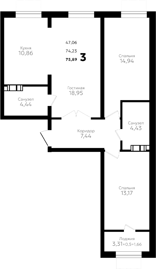 Продается 3-комн. квартира, 74.23 м²