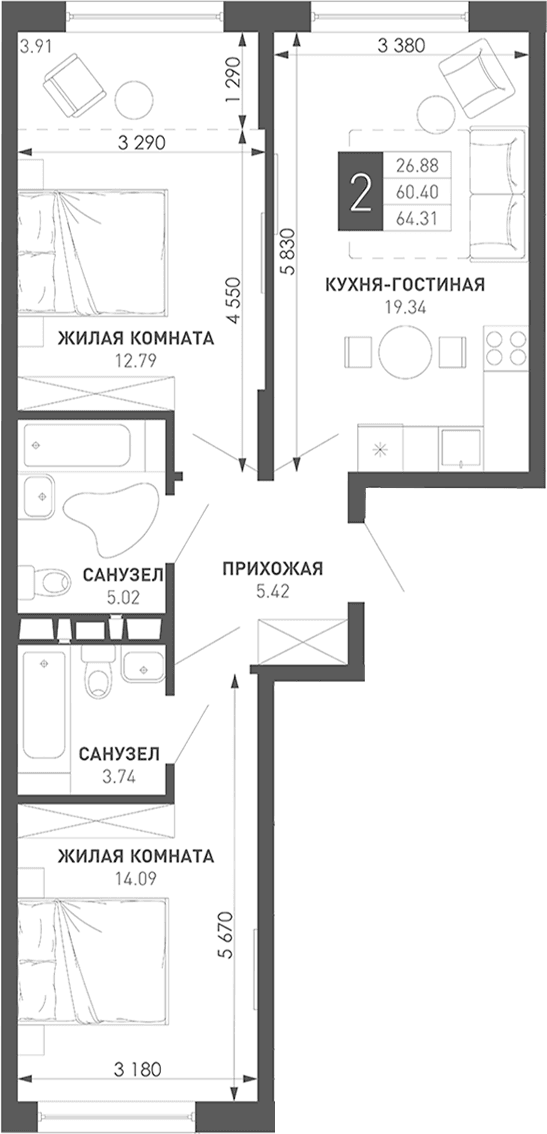 Продается 2-комн. квартира, 60.4 м²