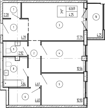 Продается 2-комн. квартира, 63.69 м²