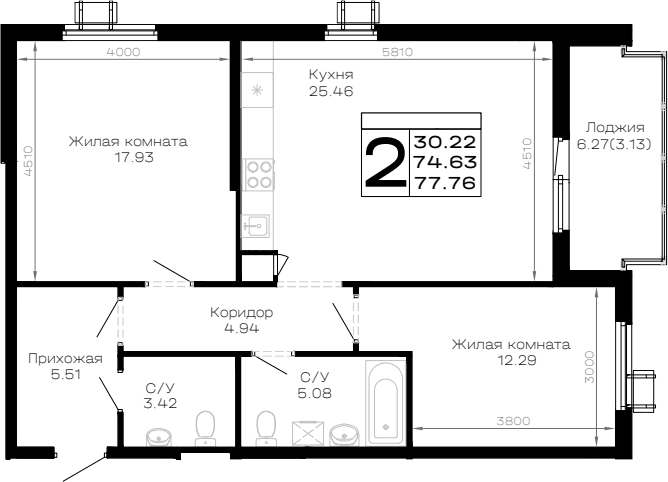 Продается 2-комн. квартира, 74.63 м²