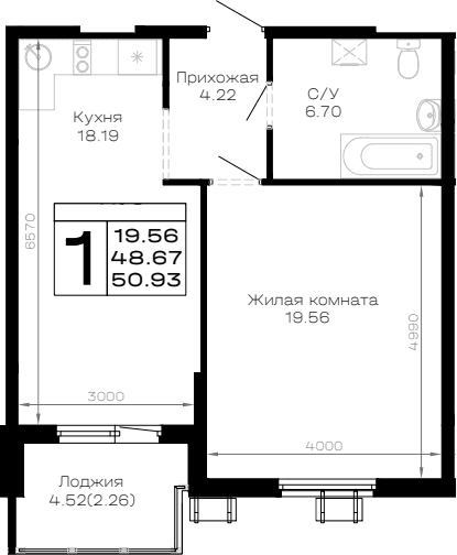 Продается 1-комн. квартира, 48.67 м²