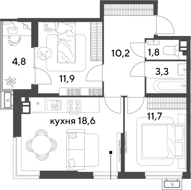 Продается 3-комн. квартира, 57.5 м²